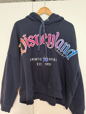 Disney Navy Hoodie with Rainbow Gradient Disneyland Script 70th Anniversary